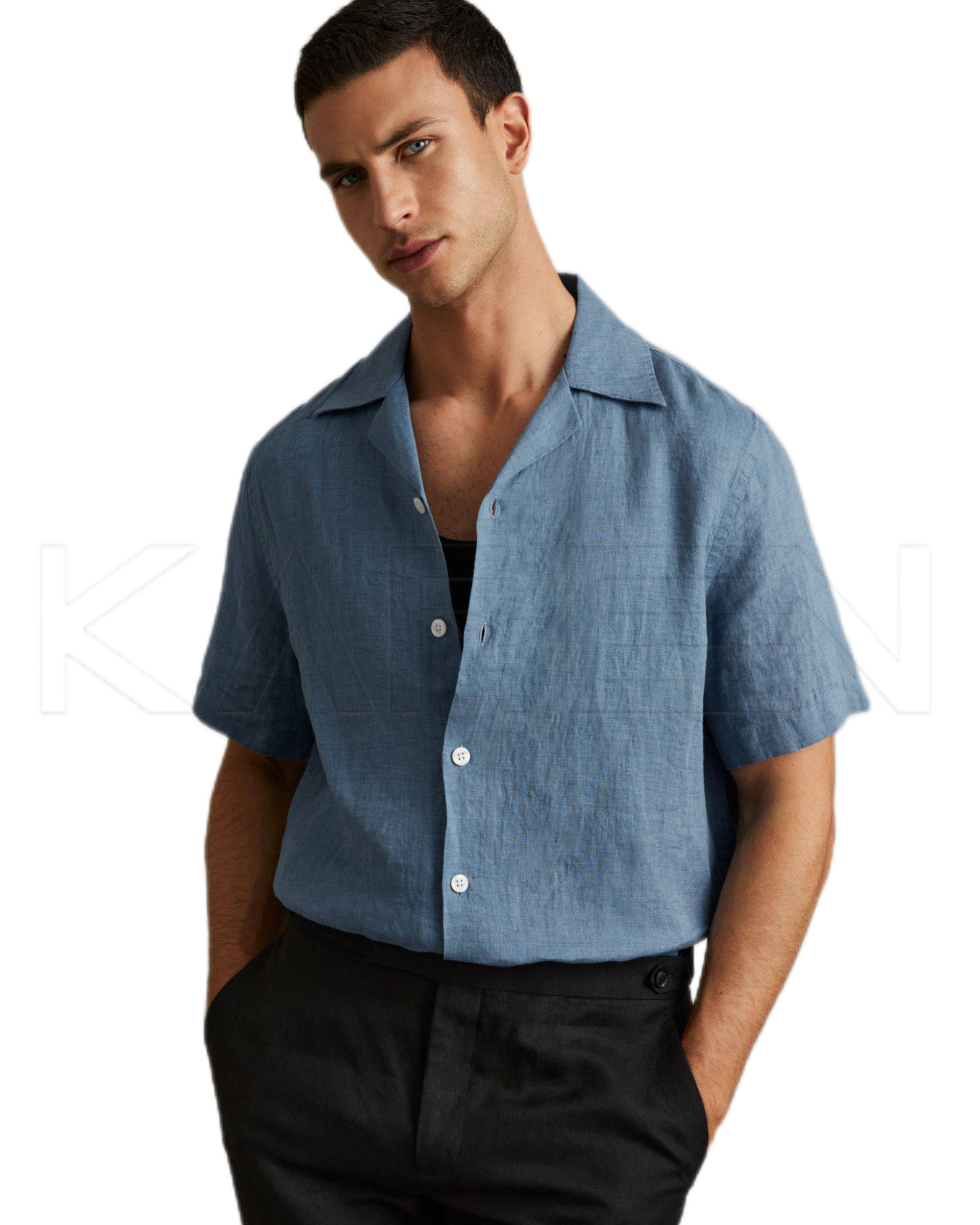 پیراهن مردانه کنف آستین کوتاه آبی  | 🇸🇪H&M2193