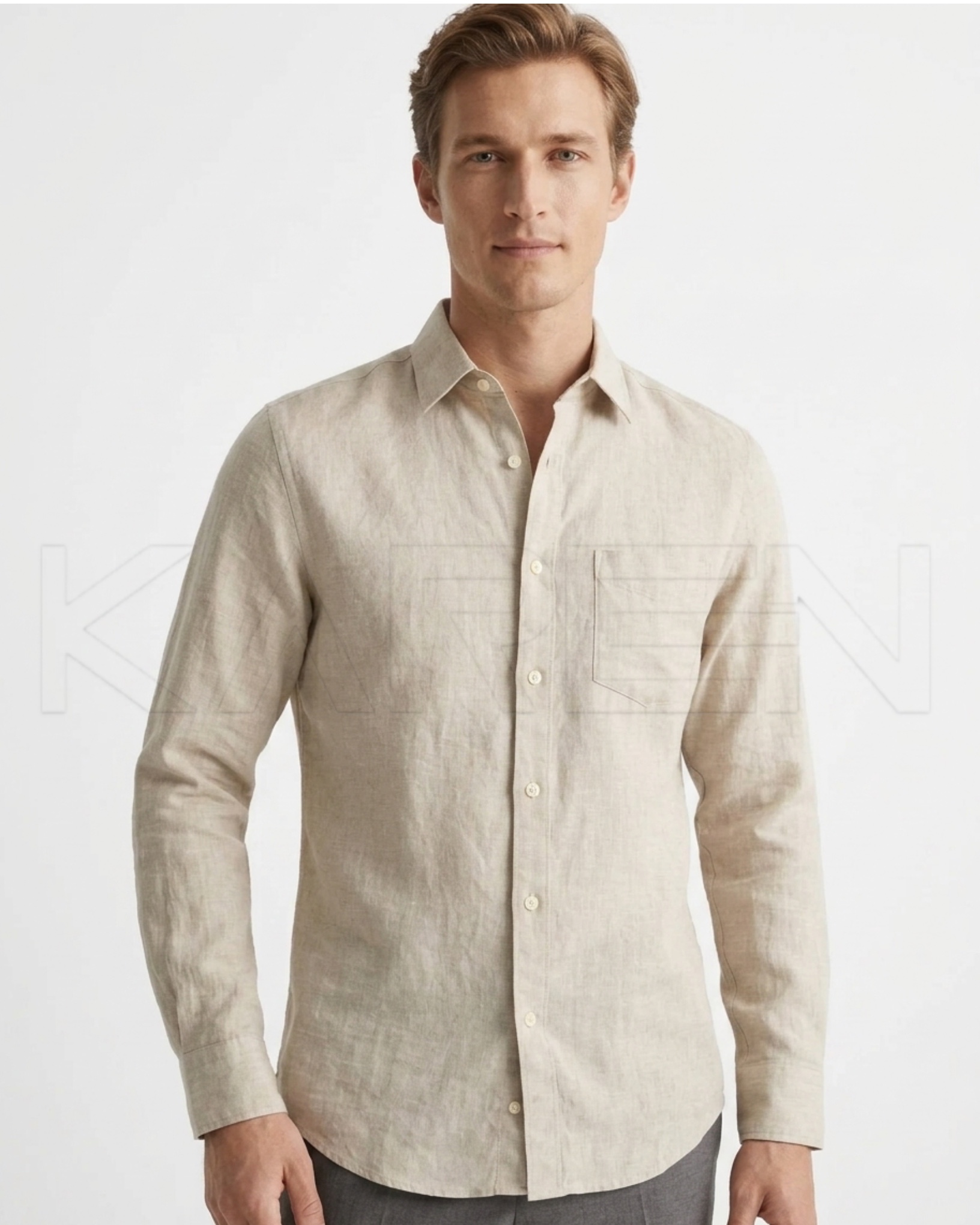 پیراهن مردانه لینن آستین بلند کرمی  | 🇸🇪H&M2199
